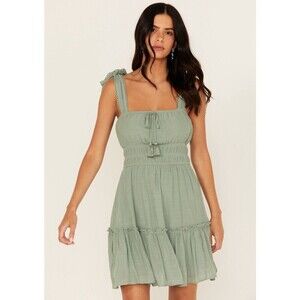 Trixxi Women's Smocked Waist Mini Dress Size Small Sage Green Tie Straps NWT
